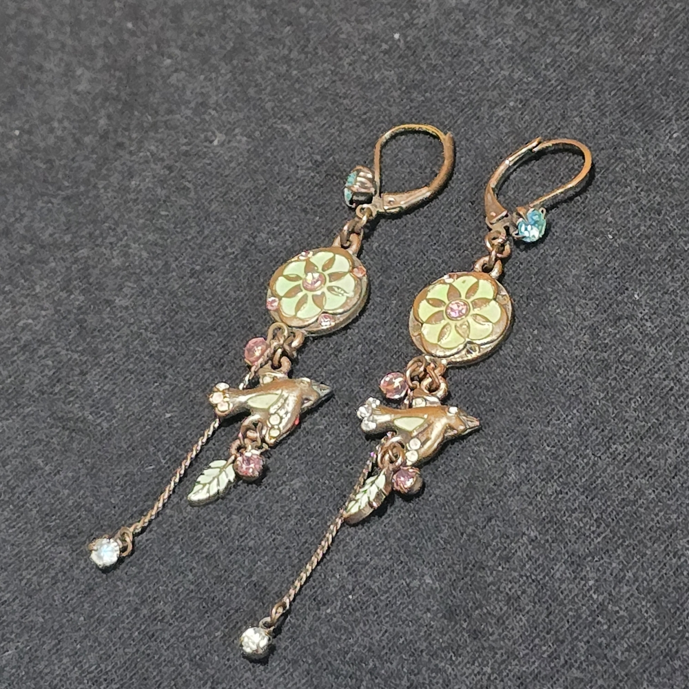 Vintage Copper Toned Dangle Earrings with A Bird, Leaf And Crystal Accents